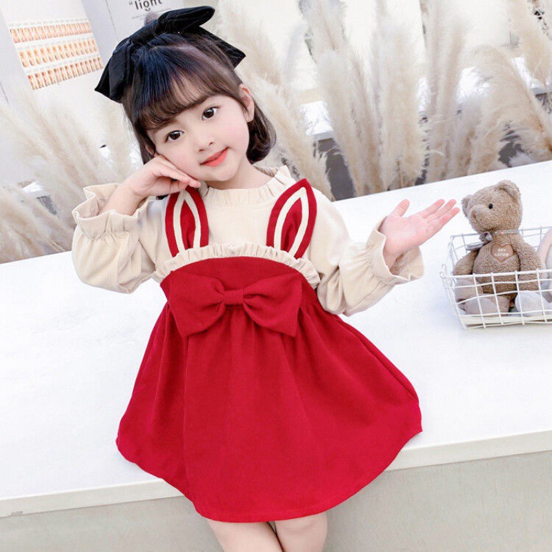 Đầm Tay Dài Phối Nơ Thời Trang Giữ Ấm Cho Bé Gái