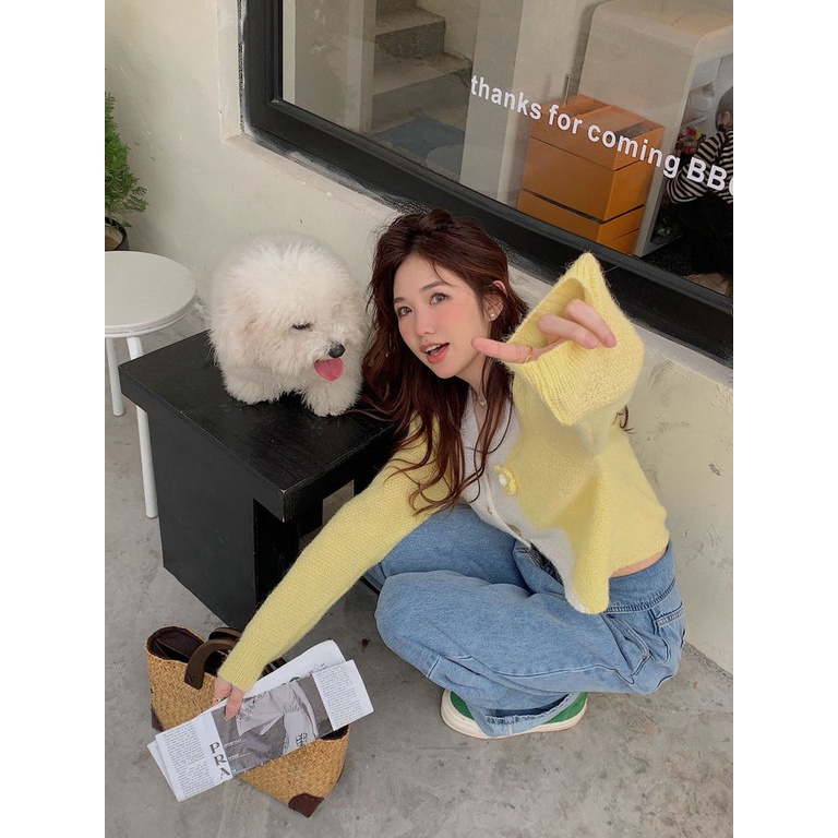 Áo cardigan Dệt Kim Họa Tiết Hoa Ba Chiều Màu Sắc Tương Phản Dành Cho Nữ