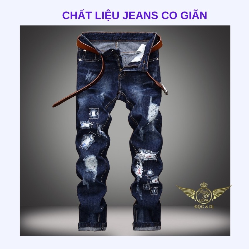 Quần jean rách đẹp ống suông độc lạ LEVAMEN chất liệu vải bò jeans co giãn nhẹ  vá gối độc đáo QJ063 | BigBuy360 - bigbuy360.vn