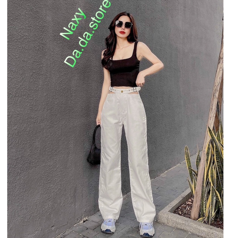 quần baggy xuông dài ống rộng nữ đen trắng khoen eo 3256