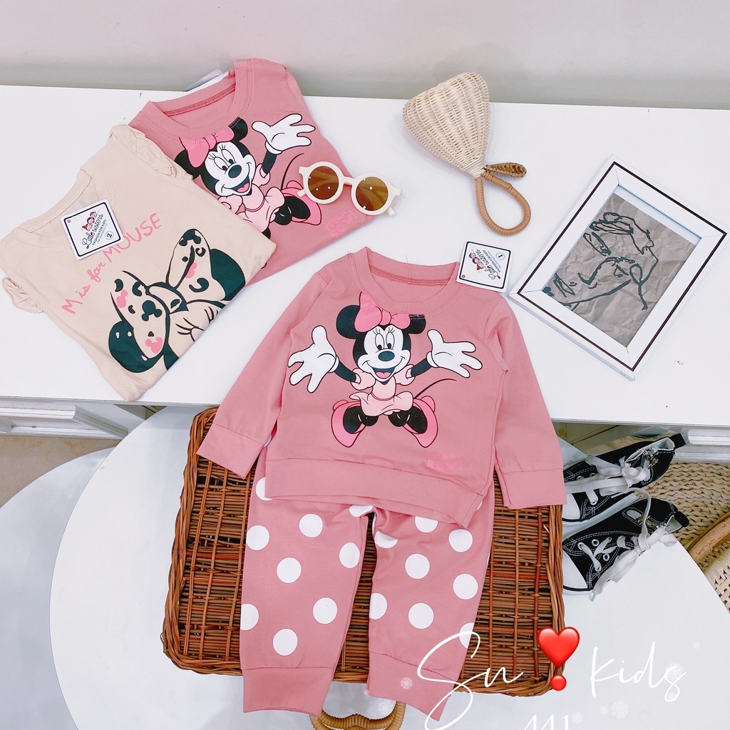 [SALE] Đồ bộ dài tay chất cotton phiên bản Mickey hồng be bé trai bé gái, quần áo cho bé (V473)