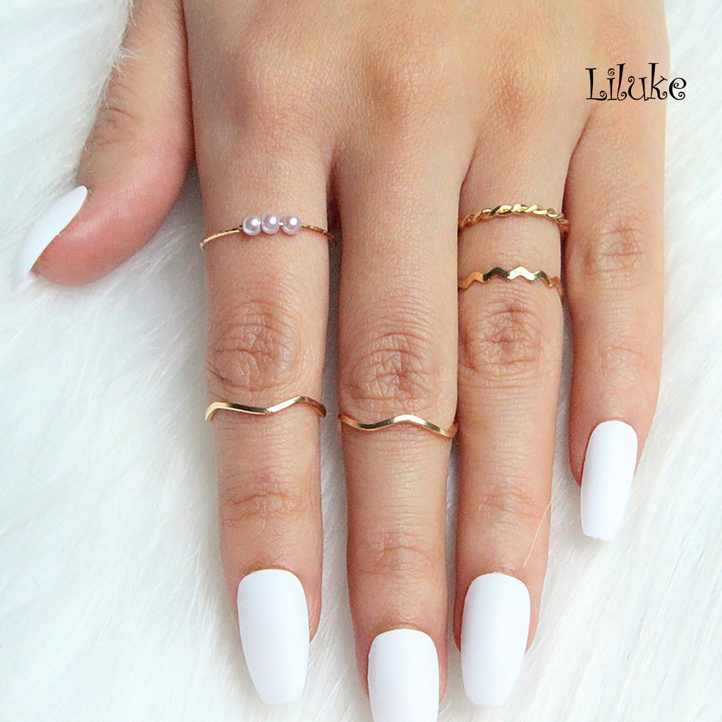 Bộ 5 Nhẫn Hợp Kim Đính Đá Kiểu Dáng Thời Trang Cho Nữ