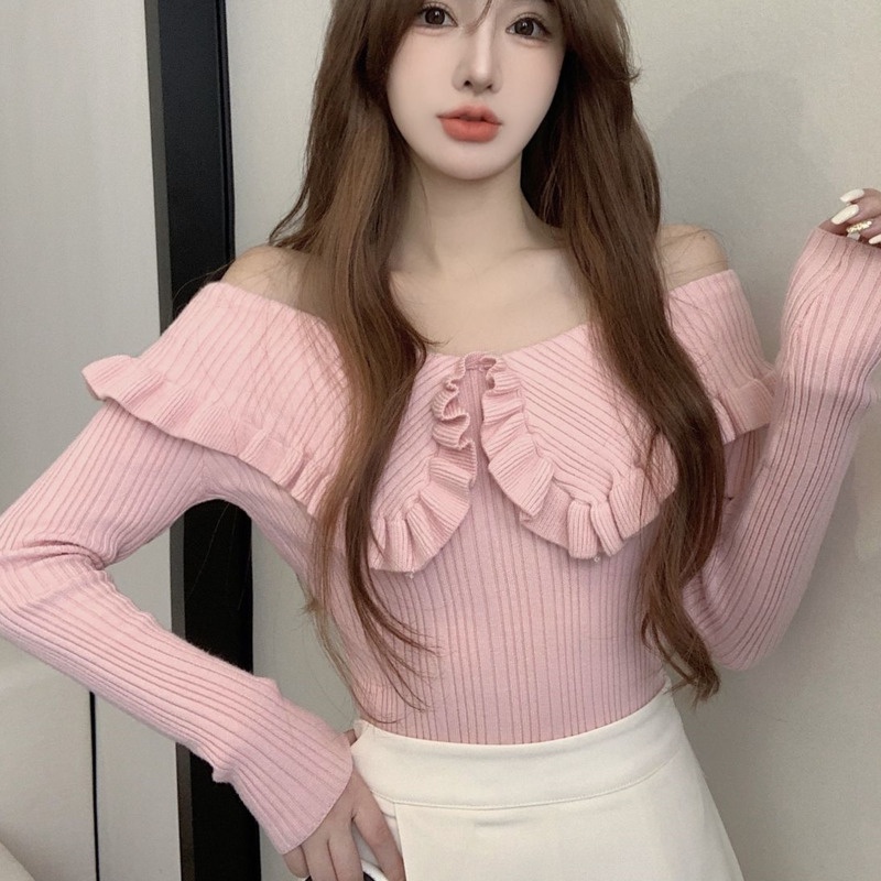 Áo dệt kim tay dài viền lá sen trễ vai thời trang thu đông cho nữ