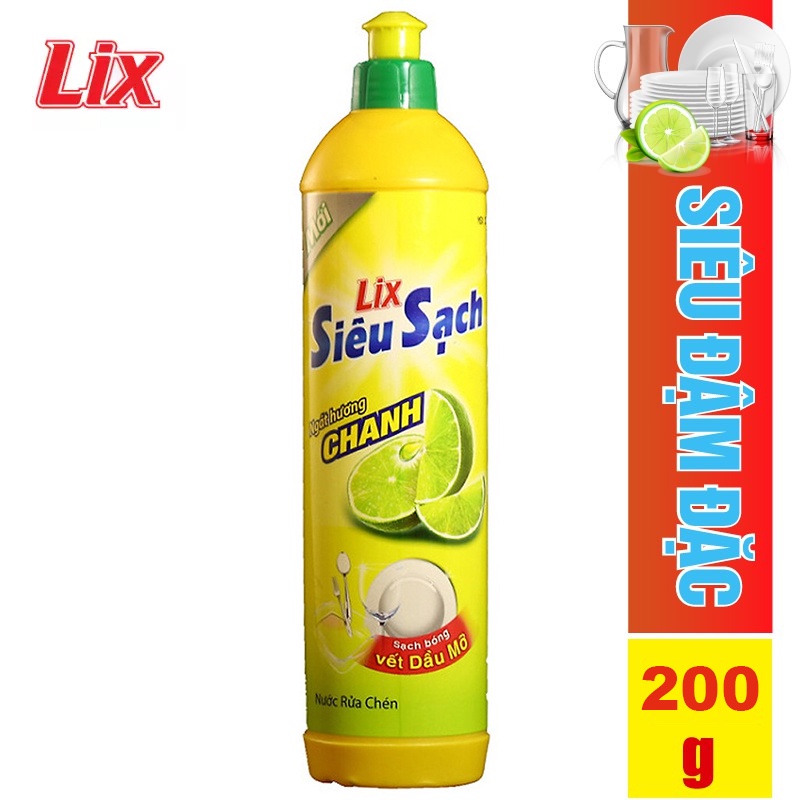 Nước rửa chén Lix siêu sạch chai 200g hương chanh, hương trà xanh - Sạch Bóng Vết Dầu Mỡ