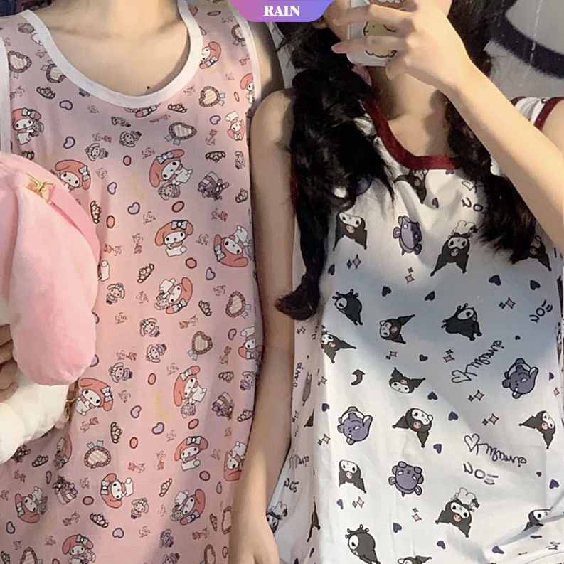 SANRIO Đầm Ngủ Sát Nách Cổ Tròn Họa Tiết Hoạt Hình Kuromi My Melody Hello Kitty Thoải Mái Thời Trang Mùa Hè Cho Bạn Gái