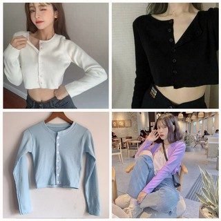 Áo Croptop Tay Dài 💖FREESHIP💖 Áo Croptop Nữ YAN Ulzzang Len Tăm Nút Thật (4 Màu)