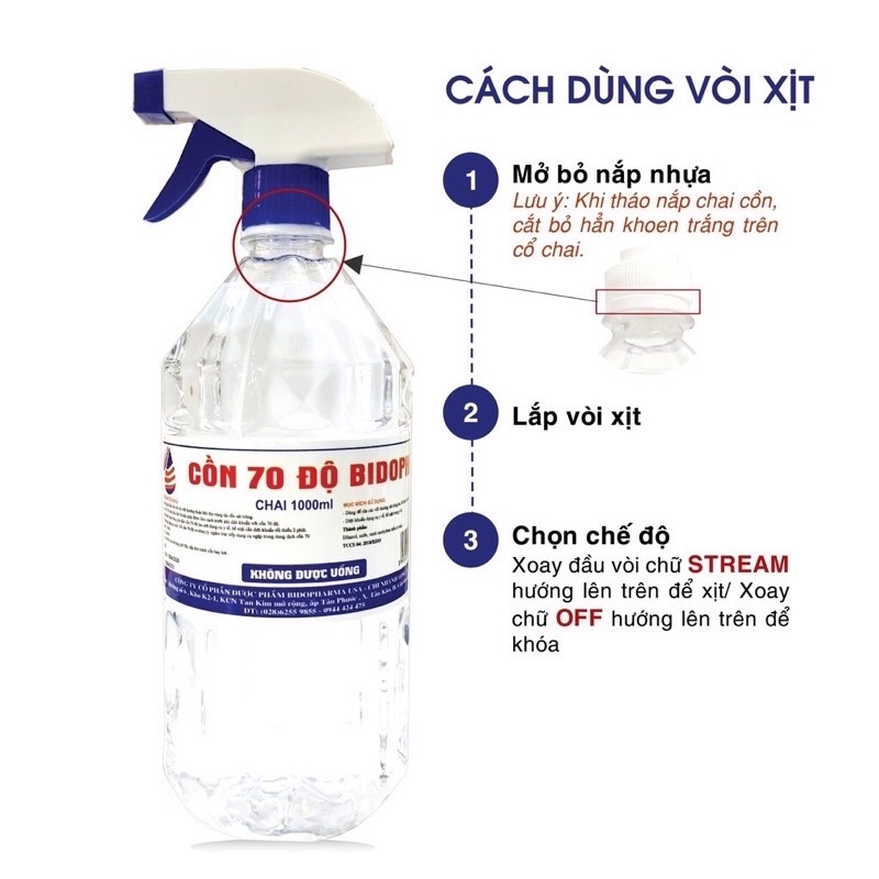 Cồn y tế Ethanol 70 độ BIDOPHA sát khuẩn (chai 1 lít) có vòi xịt