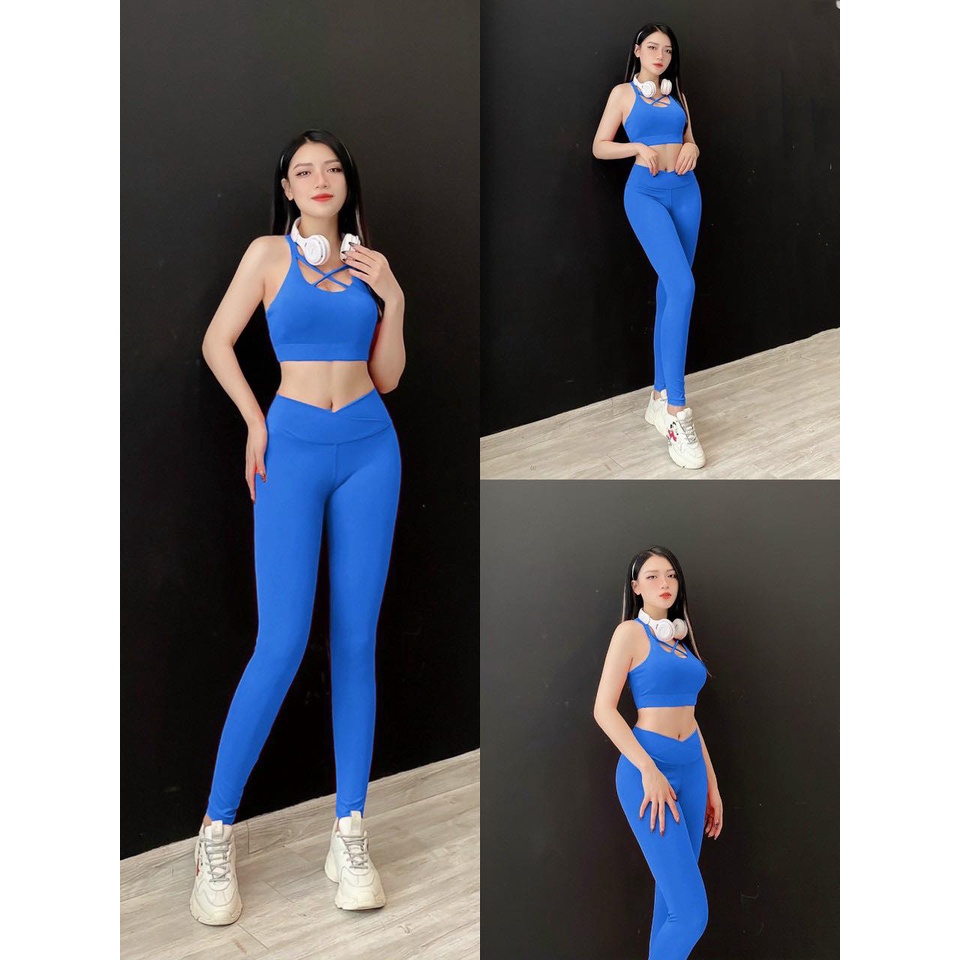 Đồ tập gym nữ bộ tập gym yoga erobic nữ áo Bra quần dài cạp chéo chất liệu co giãn 4 chiều thấm hút tốt( sẵn mút)