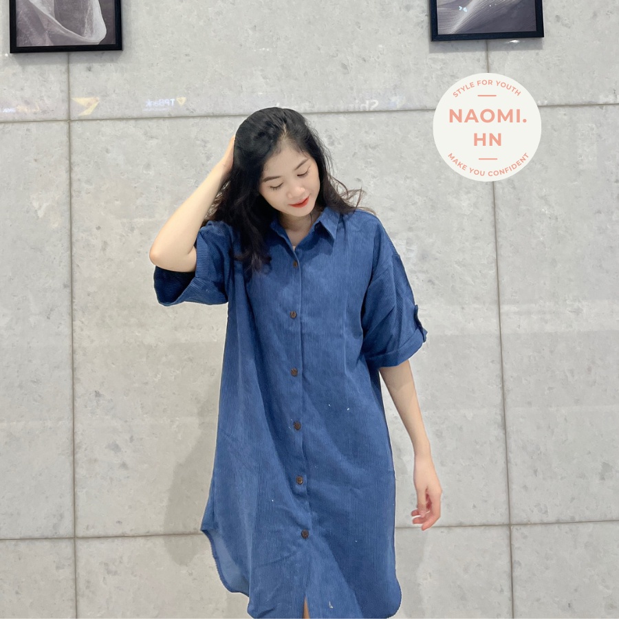Váy sơ mi nữ nhung tăm cộc tay phối gấp tay kèm cúc. Đầm sơ mi nhung tăm dáng dài suông nhiều màu hothit