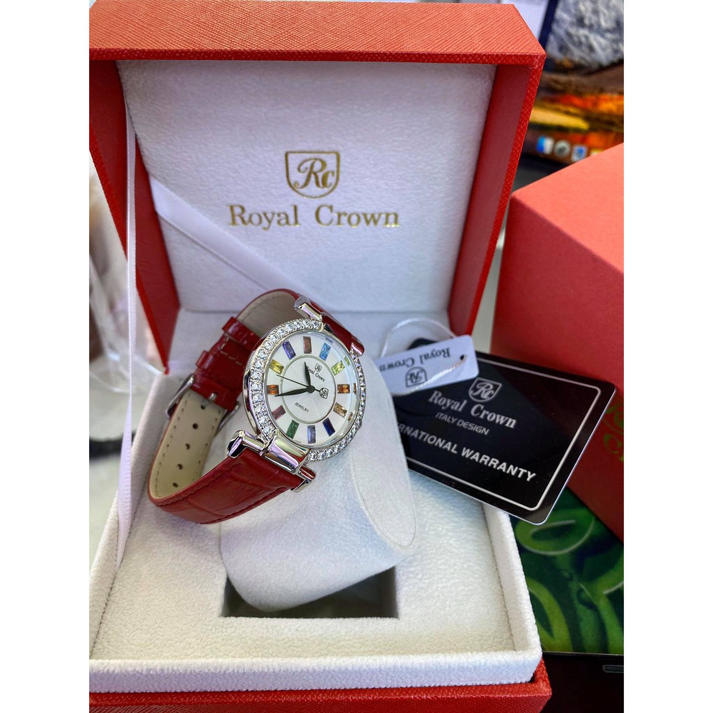 Đồng hồ nữ Royal Crown 4604 xách tay chính hãng dây da (đen và đỏ)