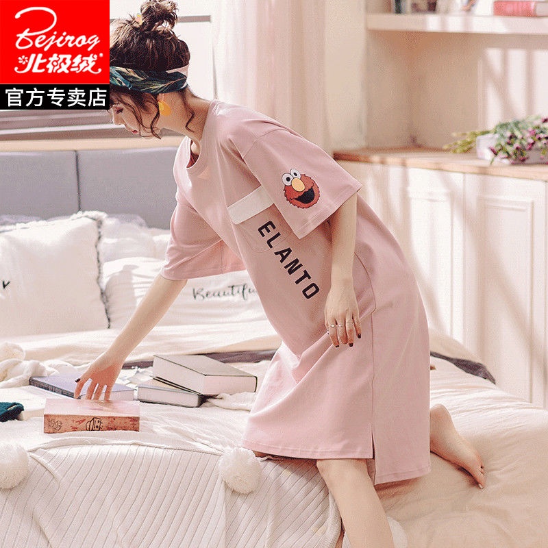 Đầm Ngủ Cotton Tay Ngắn Dài Qua Gối In Họa Tiết Hoạt Hình Dễ Thương Thời Trang Mùa Hè Cho Nữ