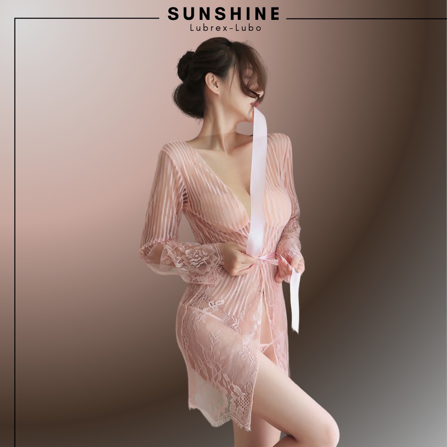 Áo choàng kimono Voan mỏng phối ren cao cấp kẻ sọc màu HỒNG SUNSHINE LUBREX-LUBO -SOC1066