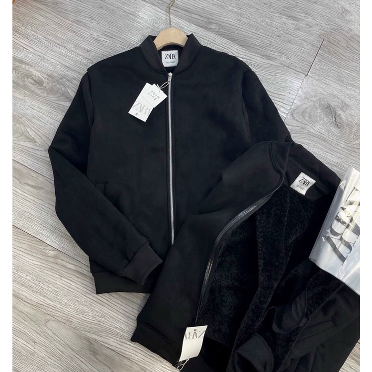 Áo da lộn lót gió nam màu đen-áo bomber zara nam xuất dư