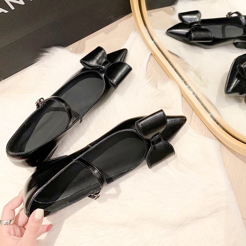 Giày búp bê nữ mũi nhọn phối quai cài nơ xinh xắn mã B16