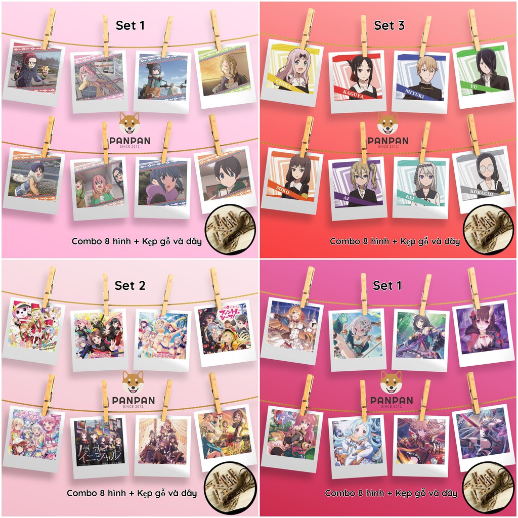 Combo 8 ảnh card lomo polaroid trang trí Anime  Princess Connect, Kaguya Love Is War, Yuru Camp, BanG Dream Tặng dây/kẹp