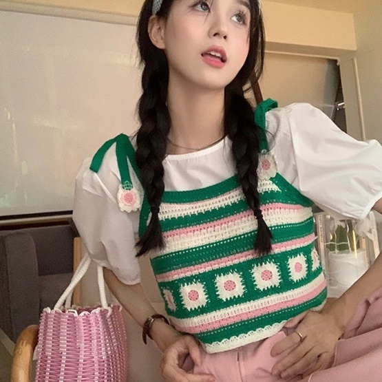 ZHELIHANGFEI Áo Croptop 2 Dây Len Móc Thêu hoa Đi Du Lịch