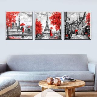 Bộ 3 tranh canvas tình nhân thế giới màu đỏ 50x50 kèm khung