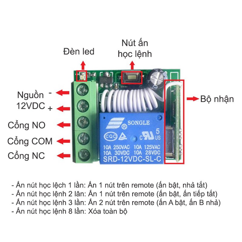 Mạch Điều Khiển RF 433MHz 1 Relay 12V - Học Lệnh