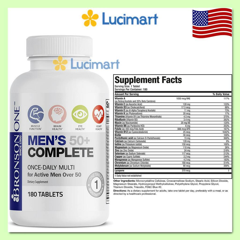 Vitamin tổng hợp multivitamin Bronson Men’s Complete 50+ cho nam giới trên 50 tuổi, hũ 180 viên