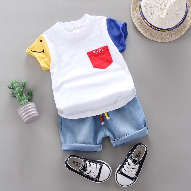 Bộ áo thun cotton tay ngắn + quần short denim dành cho bé trai gái 0-5 tuổi