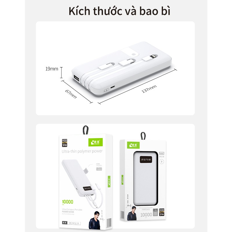 Pin sạc dự phòng di động S16 10000mAh sạc nhanh gọn có màn hình điện tử cáp sạc đỡ giá đỡ đhợp cho Android iOS iPhone