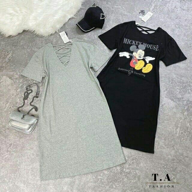 Váy bầu suông có size mickey đan dây lưng form to chất đẹp
