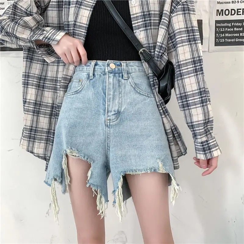 Quần Short Denim Rách Lưng Cao Ống Rộng Chữ A Phong Cách Hàn Quốc Đường Phố Quần Đùi Nữ
