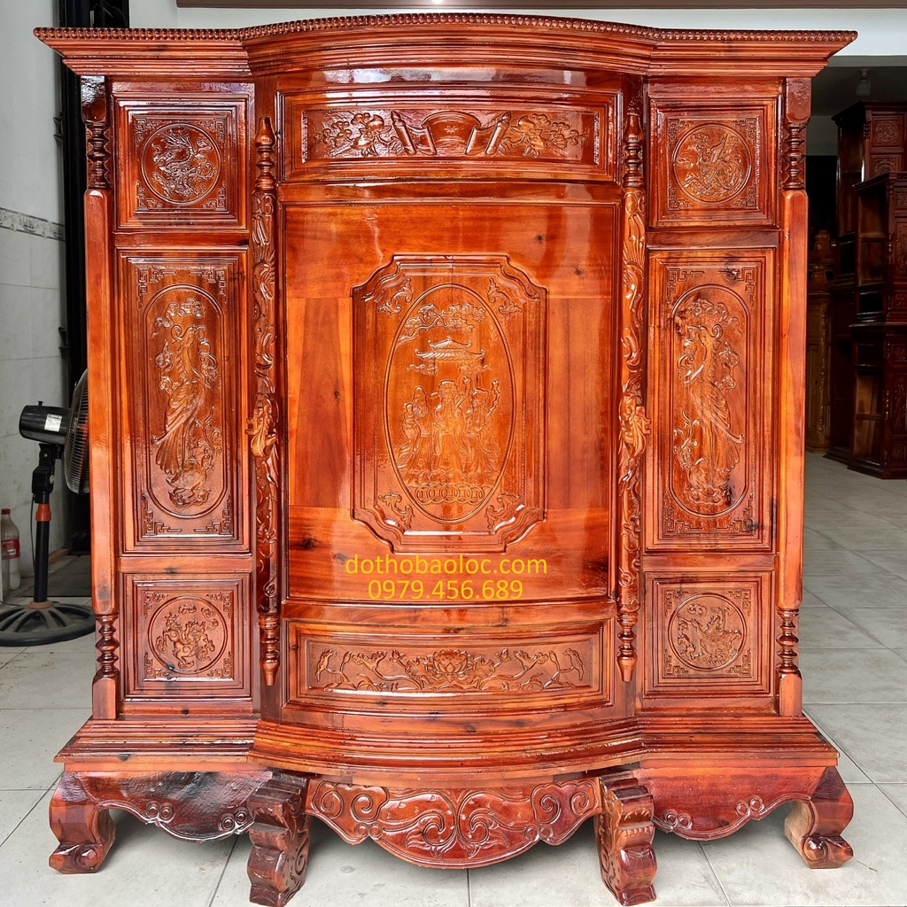 Tủ thờ gia tiên gỗ tràm bông vàng ngang 1m45