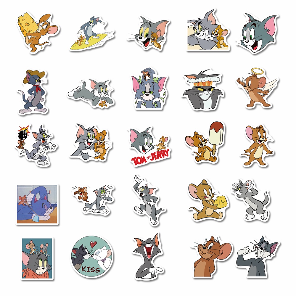 Set 50 chiếc sticker chống thấm nước TOM AND CHERRY - MÈO VÀ CHUỘT dán mũ bảo hiểm, vali, laptop, xe, đàn