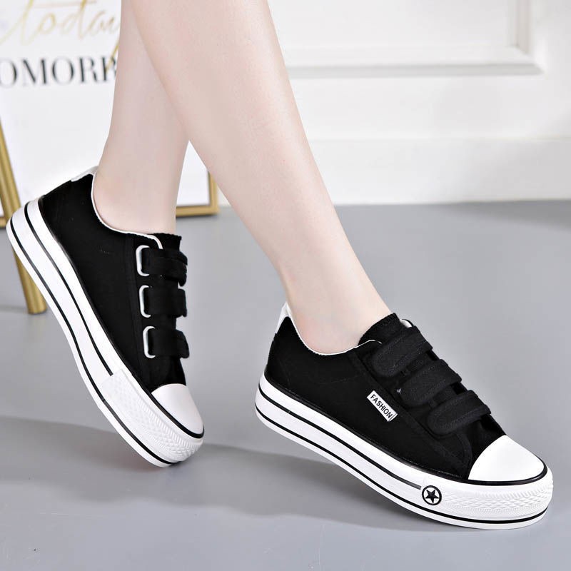 Giày Canvas Đế Dày Màu Đen Quai Dán Phong Cách Hàn Quốc Thời Trang Mùa Hè Cho Nữ