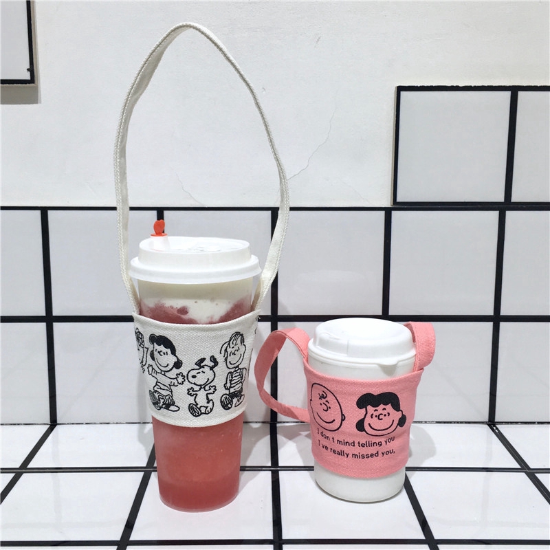 Túi Vải Canvas Đựng Cốc Nước Chống Nóng Hình Snoopy Charlie Giá Đỡ