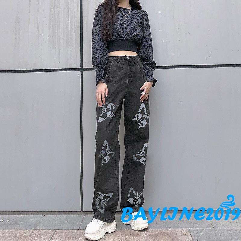 Quần jean dài lưng cao họa tiết bướm thời trang năng động cho nữ