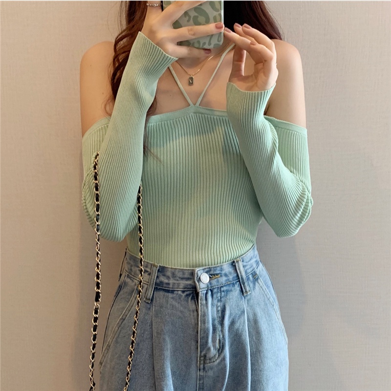 Áo croptop SUXI dệt kim tay dài trễ vai phong cách gợi cảm