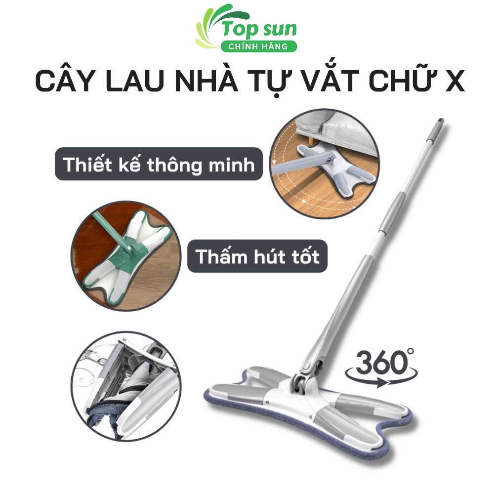 Chổi Lau Nhà Tự Động Vắt Thông Minh Đầu Cây Lau Nhà Chữ X Tự Vắt Xoay 360 Độ