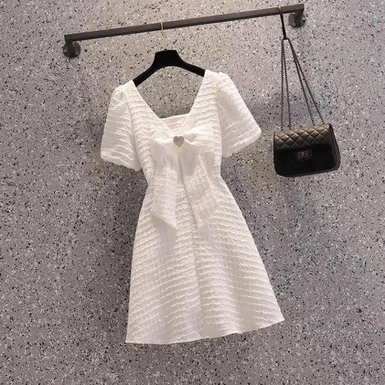🌸Hàng Order🌸 Váy Bigsize Nhăn Nổi Nơ Ngực Đính Đá Mặc 2 Kiểu Trước Sau Tiểu Thư Trẻ Trung🌸Hàng Quảng Châu