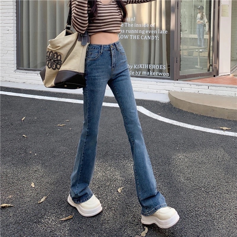 Quần Jeans Nữ Màu Xanh Ống Loe Xoè Cạp Cao Phong Cách Hàn Quốc Chất Jean Loại 1 Co Dãn Cá Tính Năng Động Mặc Hàng Ngày
