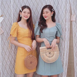 Đầm váy nút bọc tay nơ 2 màu (kèm hình thật)