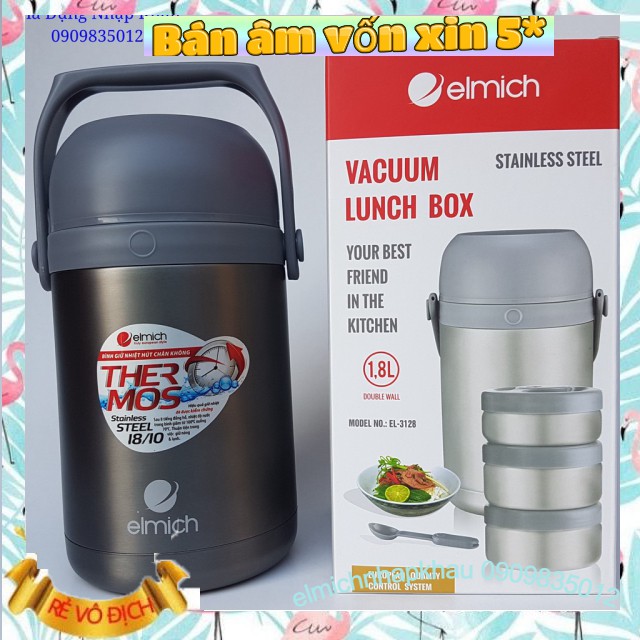 Bình đựng thức ăn giữ nhiệt Elmich 1800ml EL3128 - Cặp lồng giữ nhiệt inox 304 dung tích 1,8L 3 hộp đựng riêng bên trong