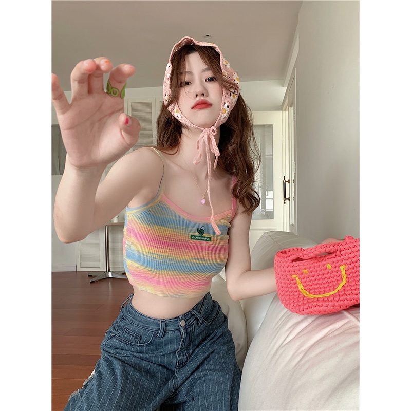 Áo Dệt Kim Hai Dây Dáng Ôm Họa Tiết Kẻ Sọc Nhiều Màu Sắc Thời Trang Mùa Hè Phong Cách Hàn Quốc Cho Nữ