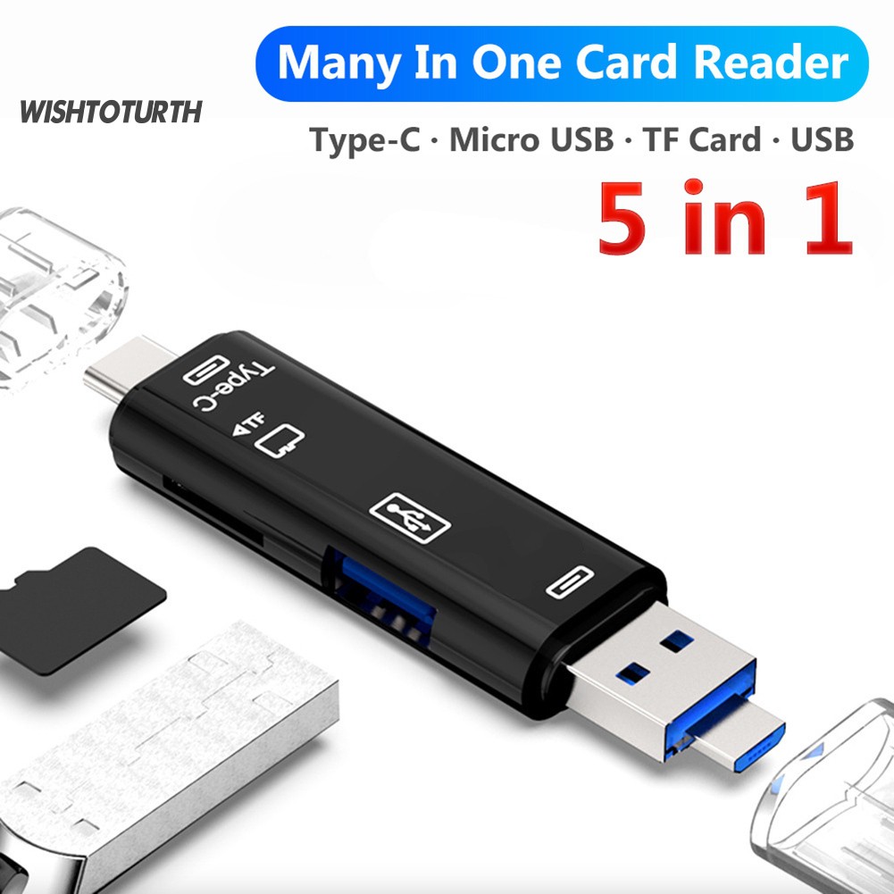 ☼Đầu Đọc Thẻ Nhớ 5 Trong 1 Đa Năng Cổng Micro USB Type C / TF Cho Máy Tính Android