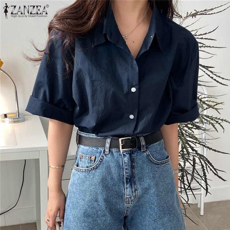 Áo sơ mi ZANZEA tay ngắn màu trơn cổ bẻ thời trang dành cho nữ