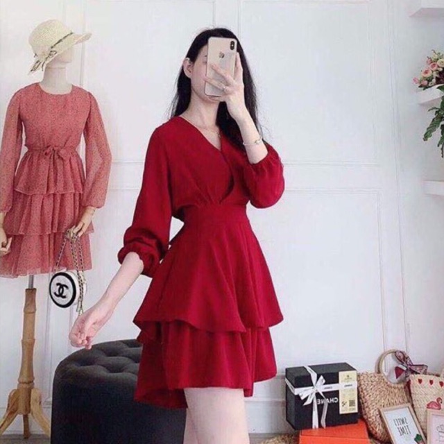 KÈM ẢNH THẬTĐầm Cổ V Đắp Chéo đen/ đỏ