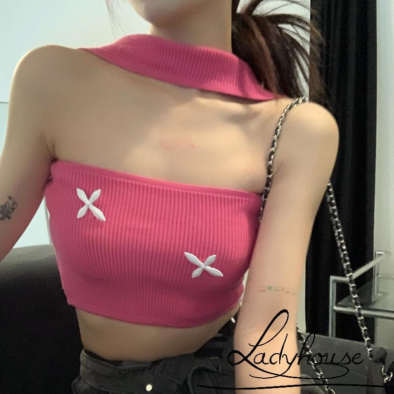 Áo Crop Top Dệt Kim Không Tay Cổ Yếm Chéo Màu Trắng/Đen/Xanh Dương Thời Trang Mùa Hè Cho Nữ