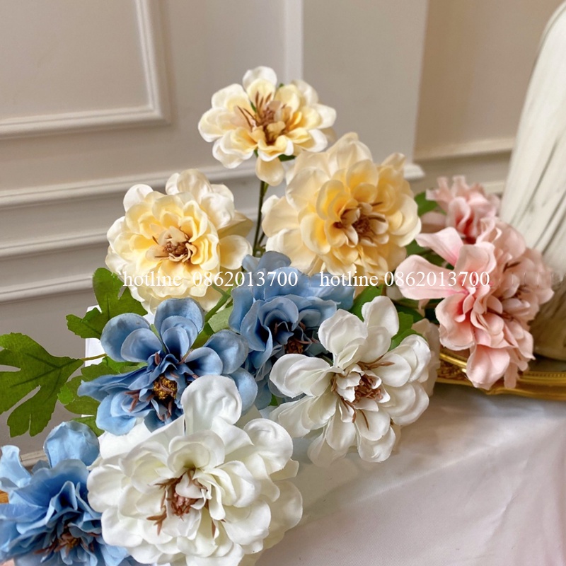 Hoa Giả- Hoa Cúc Thược Dược Cao Cấp Cành 3 Bông 65cm Trang Trí Nhà Cửa Siêu Xinh