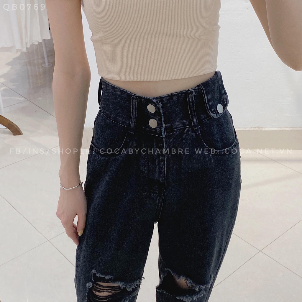 [QB0769] Quần jeans Baggy cạp cao 2 cúc rách gối mã 769 (Có sẵn/Ảnh thật)