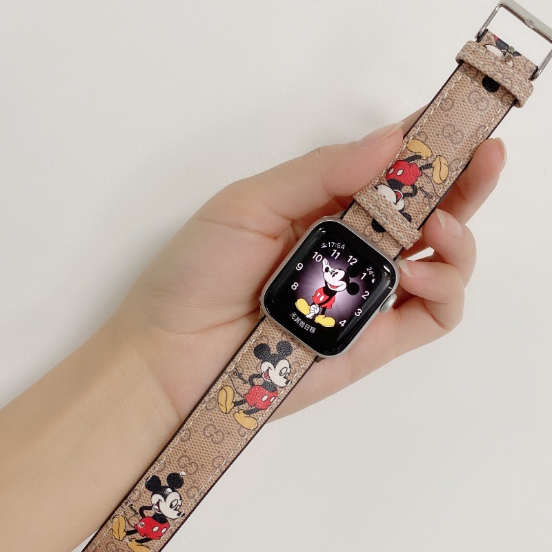 Dây da họa tiết chuột mickey thích hợp cho đồng hồ apple 44mm 42mm 38mm 40mm t500 iwatch series 6 se 2 3 4 5