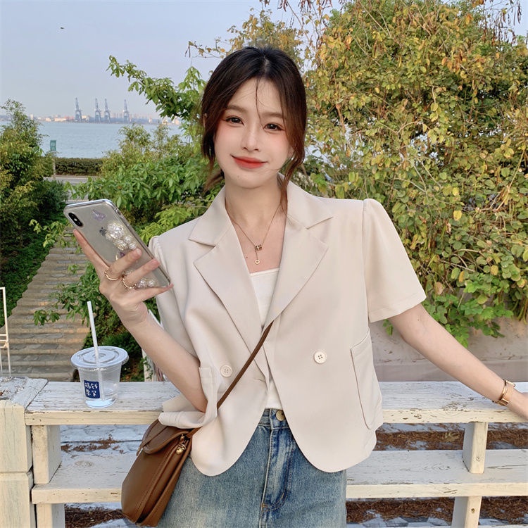 Áo khoác blazer SUXI tay ngắn màu sắc trơn phong cách vintage thời trang mùa hè cho nữ | BigBuy360 - bigbuy360.vn