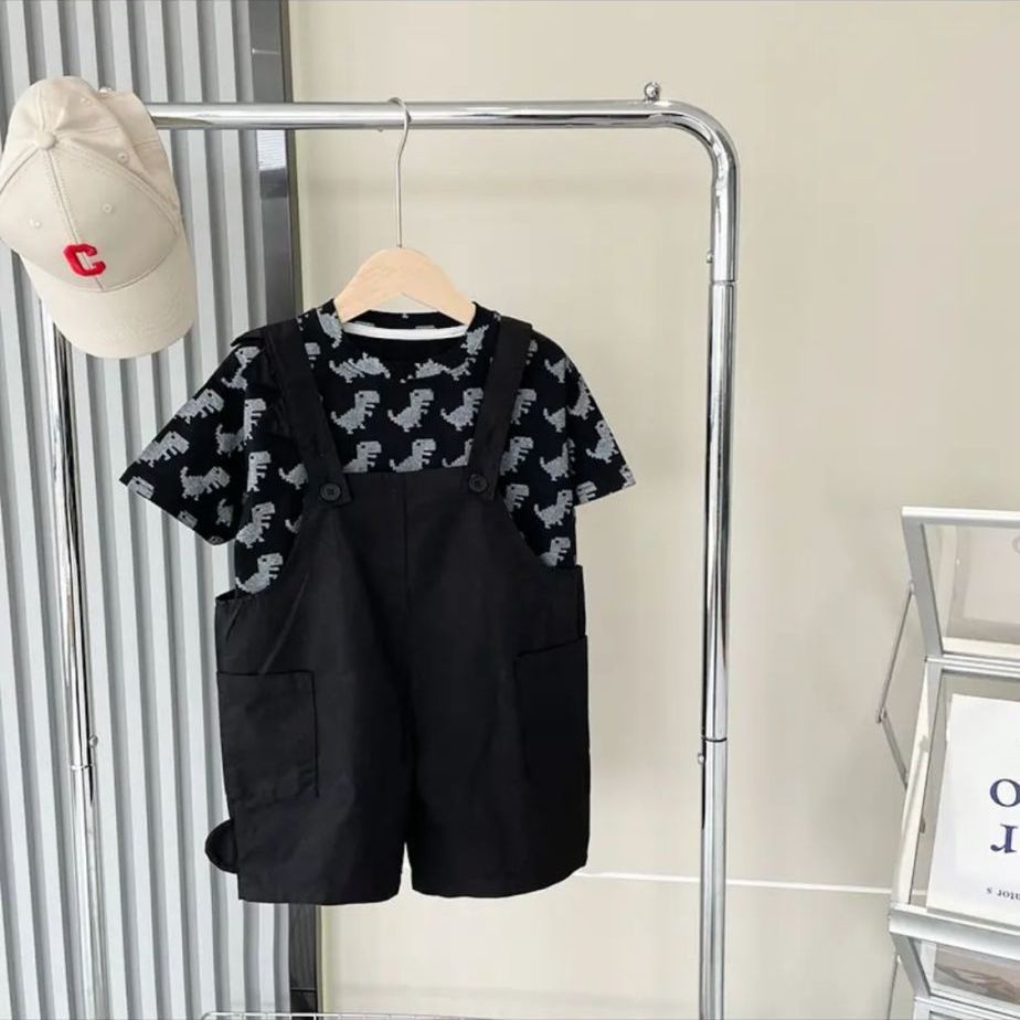 Bộ Áo Thun Cotton Tay Ngắn In Họa Tiết Hoạt Hình Khủng Long Và Chữ Dễ Phối Đồ Thời Trang Mùa Hè Phong Cách Hàn Quốc Cho Bé Trai Và Gái