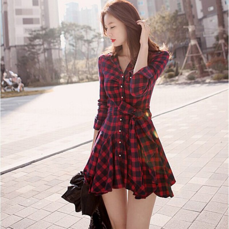 Đầm sơmi sọc caro thắt nơ eo | BigBuy360 - bigbuy360.vn