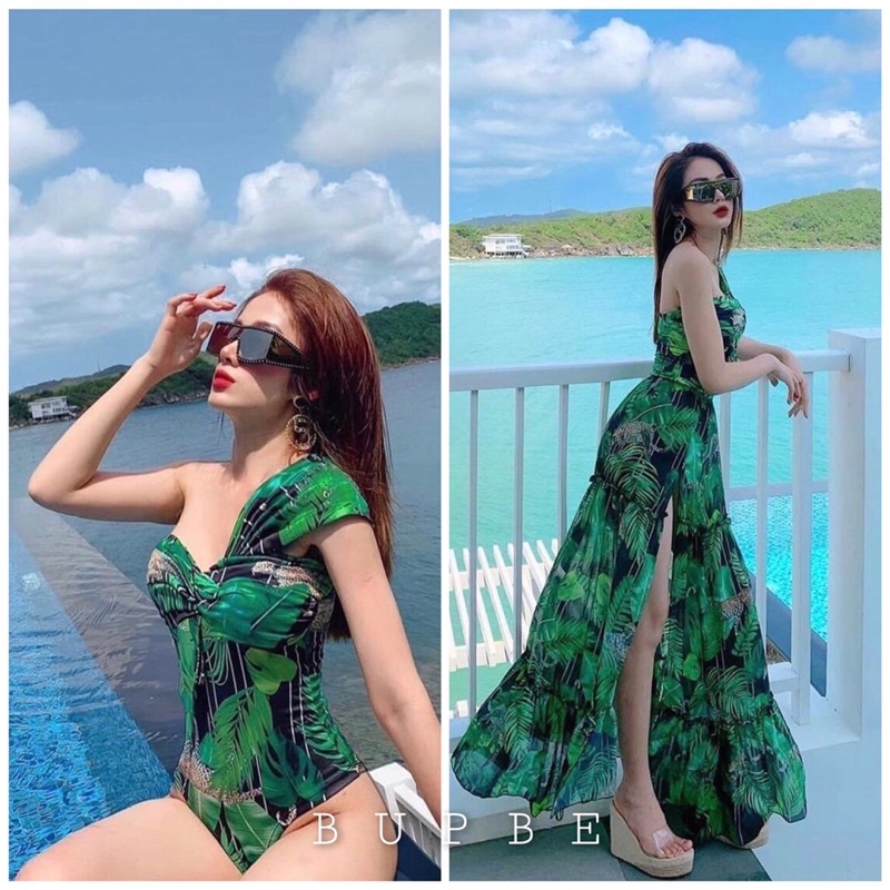 set đồ bikini liền mảnh hoạ tiết xanh chéo vai kèm chân váy voan xoè tầng độc đáo,đồ bơi,du lịch,phụ kiện